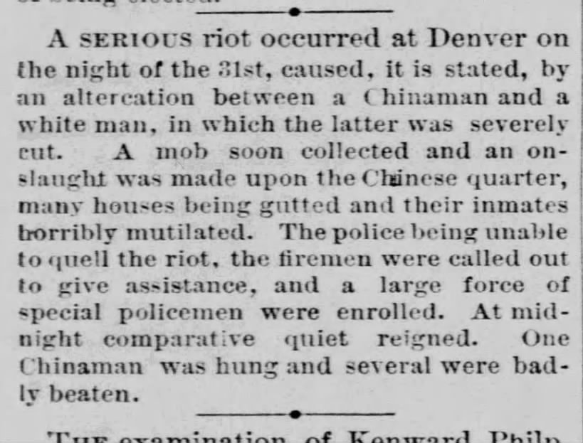 Newspaper article thumbnail: A Serious Riot Occurred at Denver from The Tipton Times, 1880-11-03