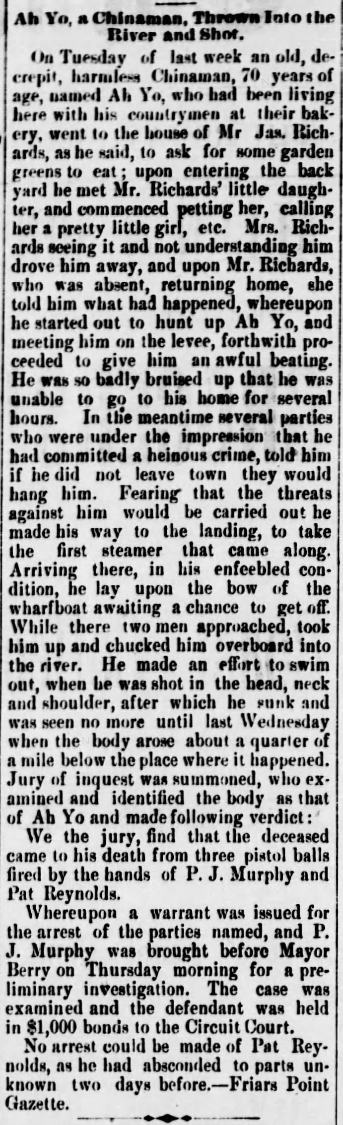 Newspaper article thumbnail: Ah Yo, a Chinaman, Thrown Into the River and Shot from The Vicksburg Post, 1885-05-14