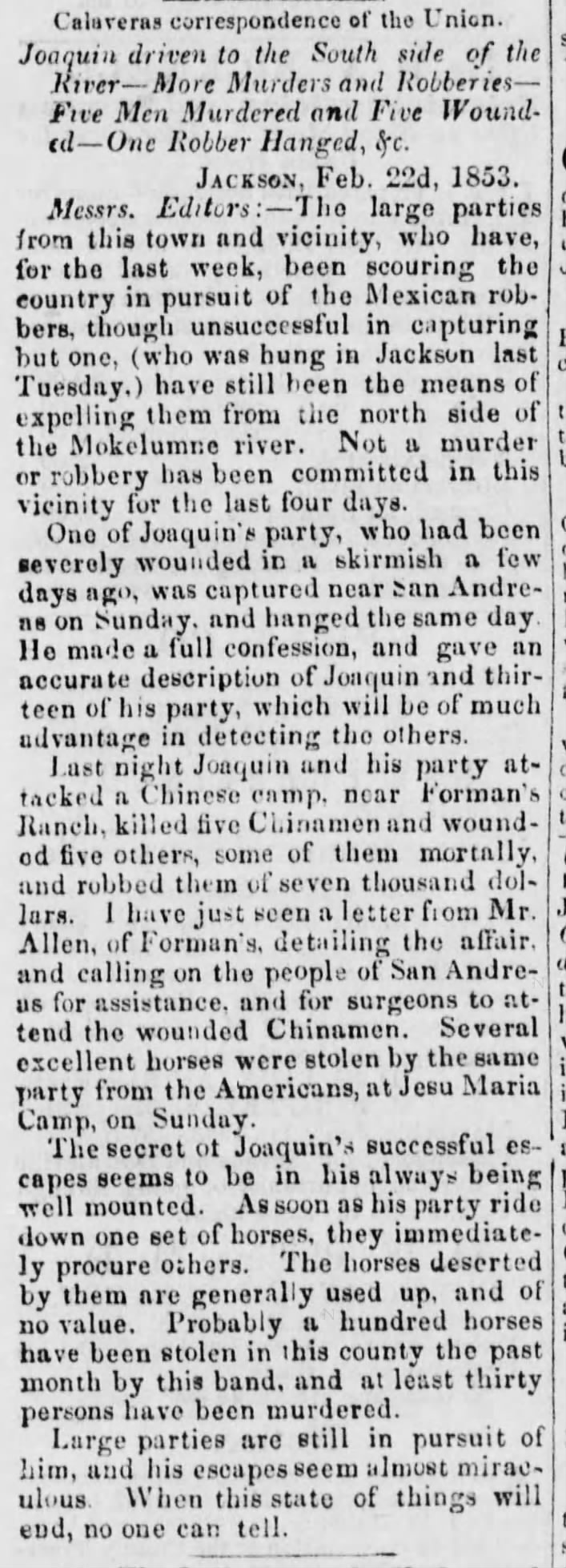 Newspaper article thumbnail: More Murders and Robberies from The Nevada Journal, 1853-03-04