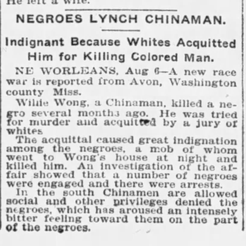 Newspaper article thumbnail: Negroes Lynch Chinaman from The Boston Globe, 1904-08-06
