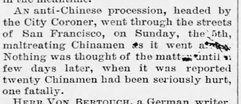 Newspaper article thumbnail: An Anti-Chinese Procession from The Stockton Review and Rooks County Record, 1885-04-17