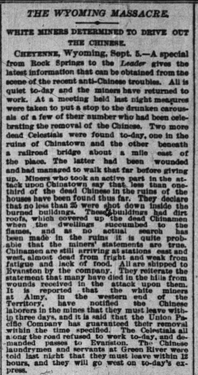Newspaper article thumbnail: The Wyoming Massacre from The New York Times, 1885-09-06