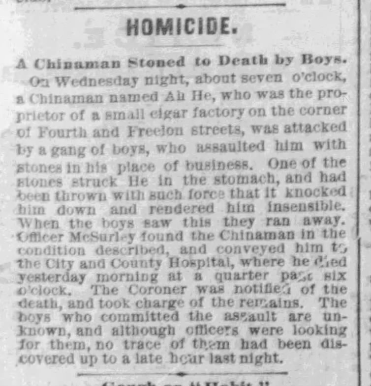 Newspaper article thumbnail: A Chinaman Stoned to Death by Boys from The San Francisco Call Bulletin, 1871-06-02