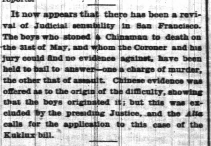 Newspaper article thumbnail: A Revival of Judicial Sensibility in San Francisco from The New York Times, 1871-06-21