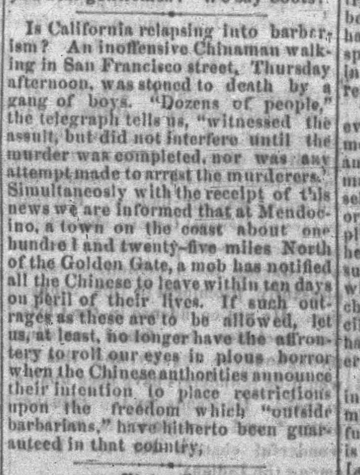 Newspaper article thumbnail: Is California Relapsing into Barbarism from The Greenville Journal, 1871-07-13