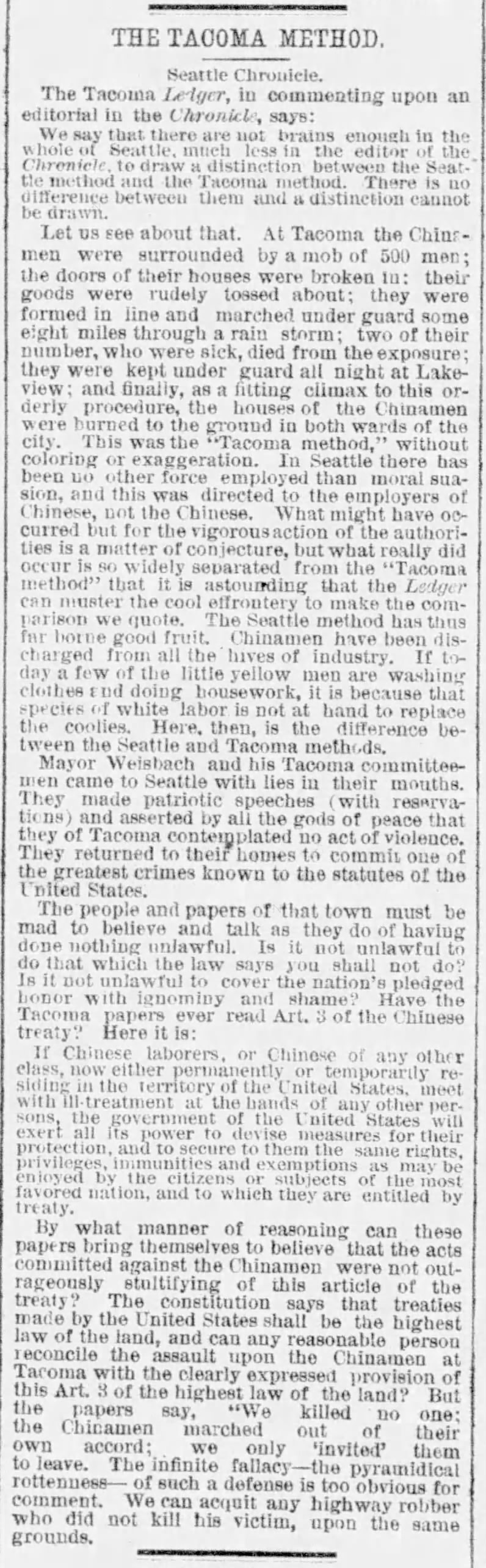 Newspaper article thumbnail: The Tacoma Method from The Oregonian, 1885-11-12