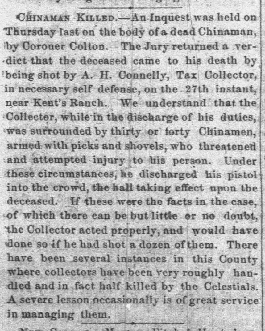 Newspaper article thumbnail: Chinaman Killed from The Weekly Butte Democrat, 1860-03-31