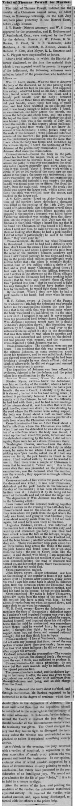 Newspaper article thumbnail: Trial of Thomas Powell for Murder from Sacramento Daily Union, 1854-09-17