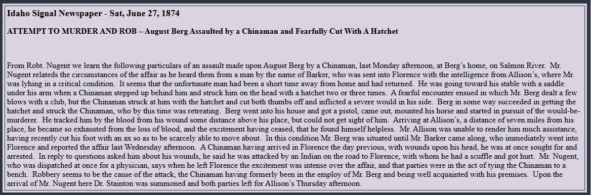 Newspaper article thumbnail: Attempt to Murder and Rob from Idaho Signal, 1874-06-27