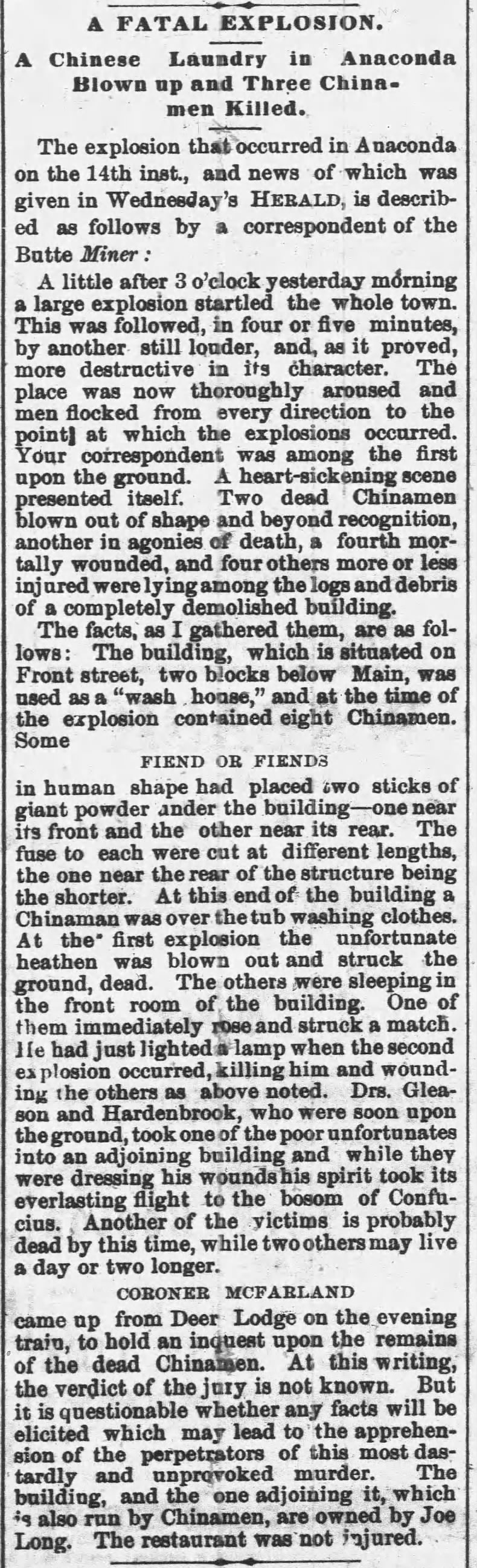 Newspaper article thumbnail: A Fatal Explosion from The Montana Record-Herald, 1885-04-17