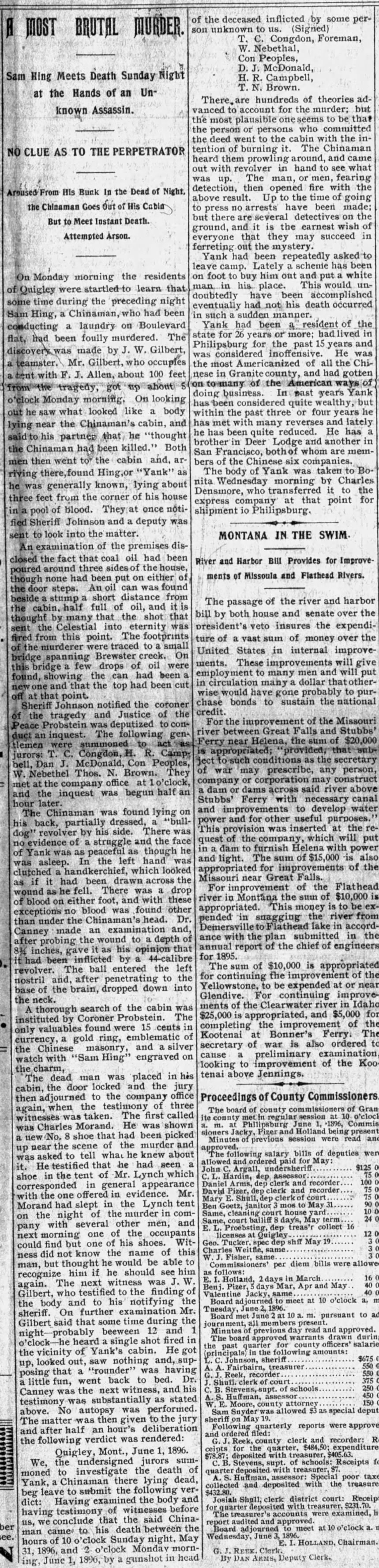 Newspaper article thumbnail: A Most Brutal Murder from Rock Creek Record, 1896-06-06
