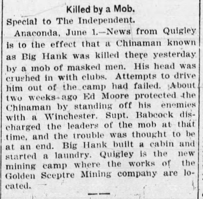 Newspaper article thumbnail: Killed by a Mob from The Helena Independent, 1896-06-01