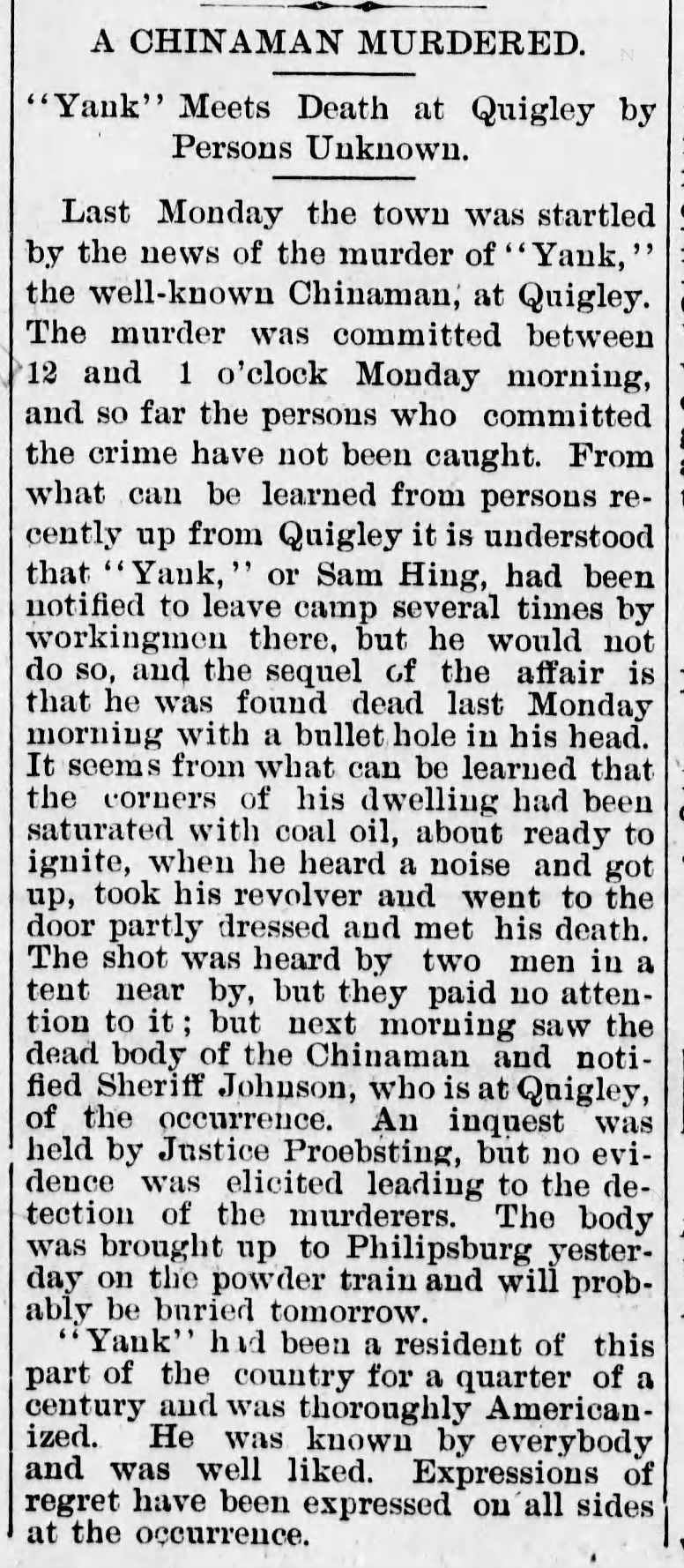 Newspaper article thumbnail: A Chinaman Murdered from The Philipsburg Mail, 1896-06-04