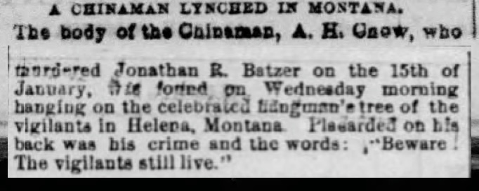 Newspaper article thumbnail: A Chinaman Lynched in Montana from Hartford Courant, 1870-01-27