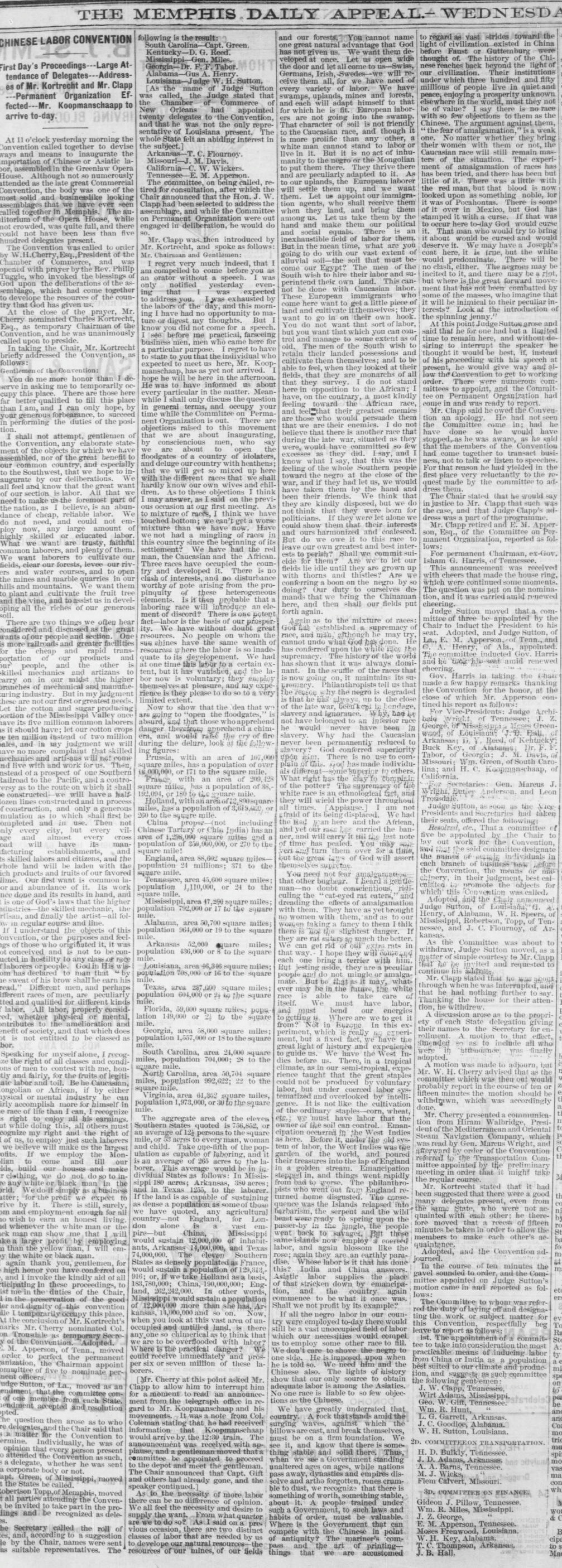 Newspaper article thumbnail: Chinese Labor Convention from Memphis Daily Appeal, 1869-07-14