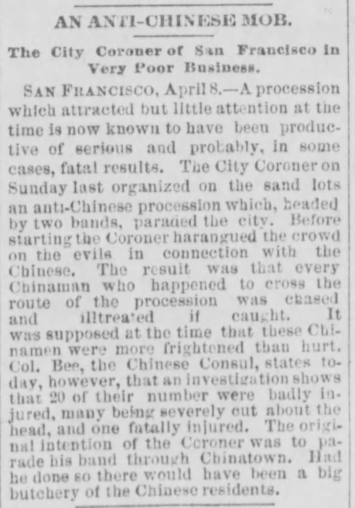 Newspaper article thumbnail: An Anti-Chinese Mob from The Savannah Morning News, 1885-04-09